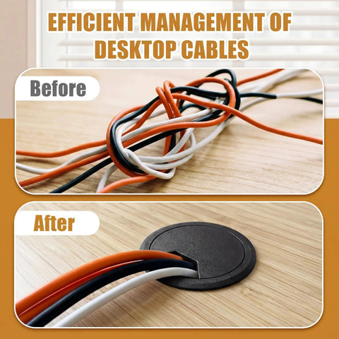 Before and after of desktop cables with 10 Pack Black Desk Cable Grommets for Easy Wire Management, Plastic Hole Covers.