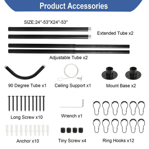Rock Solid Black Corner Shower Curtain Rod, Adjustable 24 To 53 Inches, L Shaped 90 Degree With Ceiling Support, Includes 12 Ring Hooks, No Slip Installation For A Strong Bathroom Upgrade. Accessories with tubes, mounts, screws, hooks