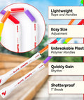 Kid Friendly Beaded Jump Rope For Exercise Segmented Beaded Rope Shatterproof Durable Outdoor Rope Lightweight And Tangle Free Adjustable 7ft Jump Rope For Fitness Training At Home Gym Or Park with colored beads and highlighted features of lightweight, adjustable size, unbreakable handles, and shatterproof beads in a park setting.