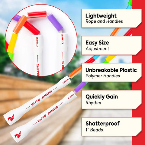 Kid Friendly Beaded Jump Rope For Exercise Segmented Beaded Rope Shatterproof Durable Outdoor Rope Lightweight And Tangle Free Adjustable 7ft Jump Rope For Fitness Training At Home Gym Or Park with colored beads and highlighted features of lightweight, adjustable size, unbreakable handles, and shatterproof beads in a park setting.