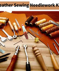 Leather Sewing Kit With Waxed Thread, Needles, Awls And Hand Stitching Tools For DIY Leather Projects, A Dope Gift For Adults, Home Crafting, Beginners To Pros, displayed on a table.