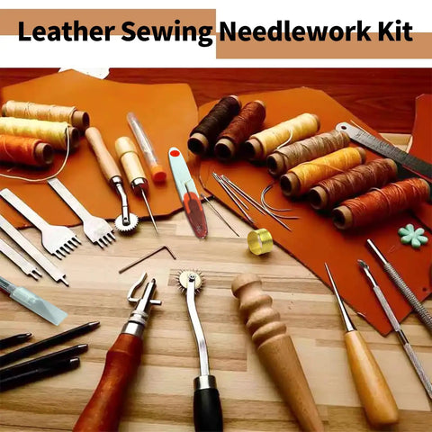 Leather Sewing Kit With Waxed Thread, Needles, Awls And Hand Stitching Tools For DIY Leather Projects, A Dope Gift For Adults, Home Crafting, Beginners To Pros, displayed on a table.