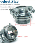 Real Deal Heavy Duty Zinc Alloy Conduit Clamps 3/4 Inch Cable Connectors detailed product size with measurements on metal hardware in electrical box.