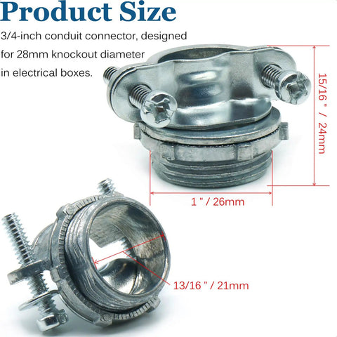 Real Deal Heavy Duty Zinc Alloy Conduit Clamps 3/4 Inch Cable Connectors detailed product size with measurements on metal hardware in electrical box.