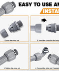 1 Inch Liquid Tight PVC Conduit Connector Pack Straight To 180 Degree Non-Metallic Electrical Fittings UL Listed For Flexible Conduit Weatherproof Wire Guard 24 Pack installed on gray conduit