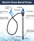 Heavy Duty Badass Electric Drum Pump For 55 Gallon Barrels with manual nozzle, flexible hose, and stainless steel components.