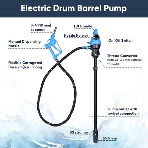 Heavy Duty Badass Electric Drum Pump For 55 Gallon Barrels with manual nozzle, flexible hose, and stainless steel components.