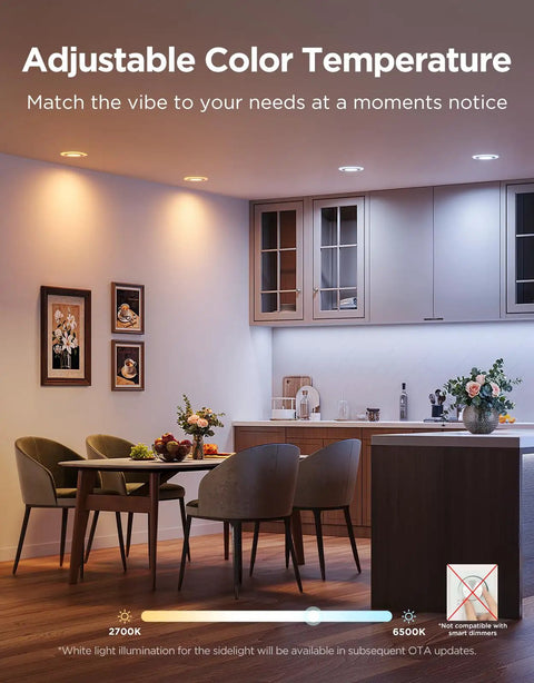 Game Changing Smart Recessed Lights 6 Inch Led Downlights 1100 Lumens 4 Pack With Rgbic Ambient Backlight And Tunable Color Temperature For Modern Home Spaces Fresh Vibe Upgrade in a dining setting with adjustable color temperature.