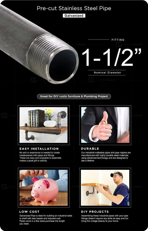 Top Shelf Heavy Duty Carbon Steel Pipe One Point Five Inches By Four Feet Pre Cut Schedule Forty Male Npt Threads for gas air water projects.