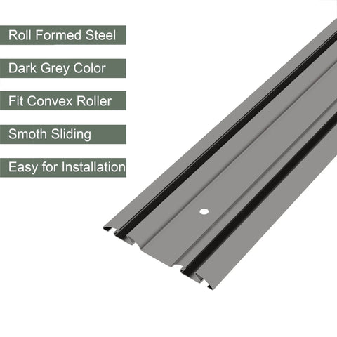 Bottom Track For Bypass Mirror Closet Doors In Gray Metal, 72 Inch Length And Two And Eleven Sixteenths Inch Width, Roll Formed Steel Sliding Door Guide Rail Fits Convex Roller Assemblies, Available In 48 And 60 Inch Lengths.