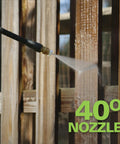 Powerful 1500 PSI 1.2 GPM Pressure Washer With 40° nozzle cleaning wooden fence, versatile vertical or horizontal use
