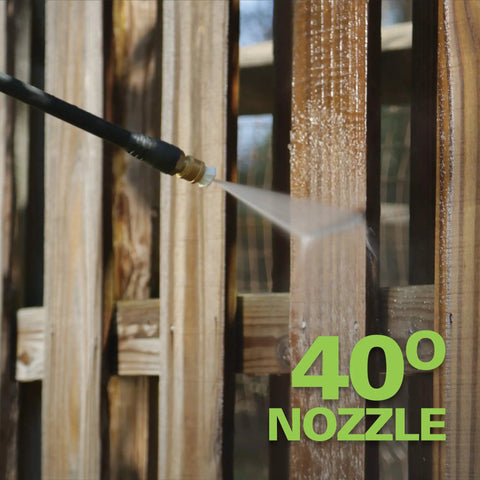 Powerful 1500 PSI 1.2 GPM Pressure Washer With 40° nozzle cleaning wooden fence, versatile vertical or horizontal use