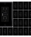 20 Pack Black 15 Amp GFCI Outlet With Dual USB Type A And C Quick Charge Ports Heavy Duty Design Smooth Install ETL Certified Tamper Resistant Wall Socket Featuring Clear LED Light arranged in a grid.