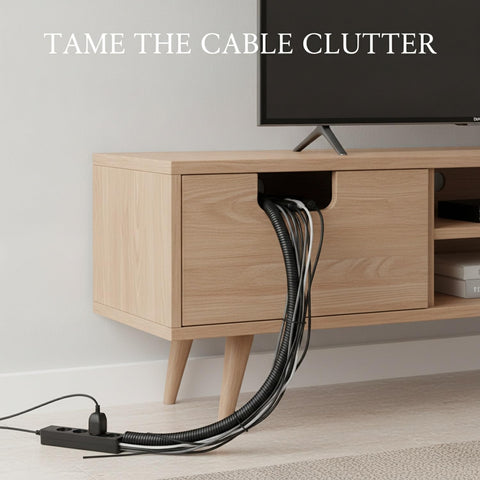 Spiral Cable Wrap With Lead Wire Tool Black Cord Management Sleeve for organizing wires behind desk or TV stand, tangle-free setup.