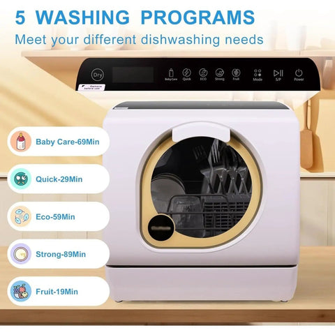 Kitchen Game Changer Compact Countertop Dishwasher With Built In Water Tank And Five Wash Cycles showing 5 wash programs on touch panel.