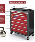 Heavy Duty Seven Drawer Rolling Tool Chest With Lockable Drawers And Waterproof Top Red Mobile Workshop Cabinet dimensions shown.