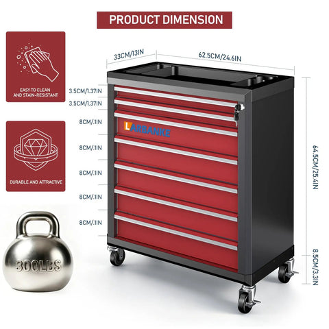 Heavy Duty Seven Drawer Rolling Tool Chest With Lockable Drawers And Waterproof Top Red Mobile Workshop Cabinet dimensions shown.