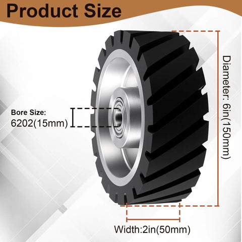 Tough 6X2 Inch Serrated Rubber Contact Wheel For Belt Grinder Machine With 6202 Bearing And 65A Hardness profile view showing size details.