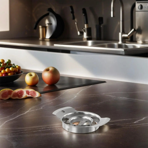 Pomegranate Must Have Deseeder And Pulp Separator Set in 304 stainless steel on kitchen counter with fruits in background