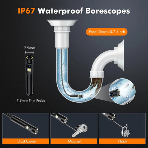 Dual Lens Borescope Endoscope Camera With Light 1920P HD Inspection Tool With Eight Plus One LED Lights IP67 Waterproof For Android iPhone iPad Handy Go To Workhorse For Car Maintenance And Home Repairs, 7.9mm probe