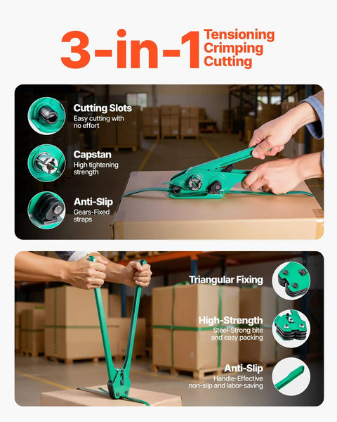 Heavy Duty Banding Strapping Kit With Sealer Tool And Gloves, 1500 Ft PET Strapping in use on boxes for warehouse