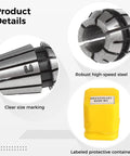Close-up of ER11 Spring Collet with size marking in high-speed steel, and labeled protective container, part of 15 Pcs ER11 Spring Collet Set For Super High Precision CNC Engraving Milling And Lathe Tools.