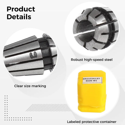 Close-up of ER11 Spring Collet with size marking in high-speed steel, and labeled protective container, part of 15 Pcs ER11 Spring Collet Set For Super High Precision CNC Engraving Milling And Lathe Tools.