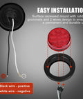 10 Pack 2.5 Inch Round Trailer Marker Lights Kit With 13 LED Per Light, showing red light, wiring and mounting components.