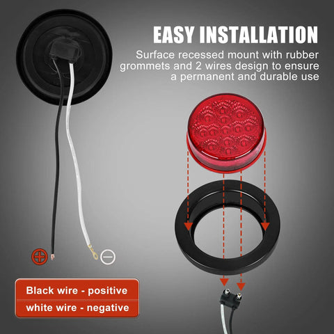 10 Pack 2.5 Inch Round Trailer Marker Lights Kit With 13 LED Per Light, showing red light, wiring and mounting components.