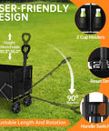 Collapsible Wagon Cart With All Terrain Wheels showing adjustable handle, cup holders, reset device on grass background.