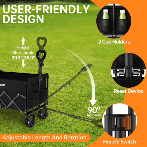 Collapsible Wagon Cart With All Terrain Wheels showing adjustable handle, cup holders, reset device on grass background.