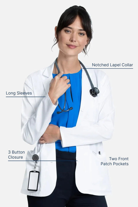 Woman in a Women's 28 Inch Lab Coat With Notched Lapels, Back Princess Seams, Three Button Front Closure, White Medical Coat