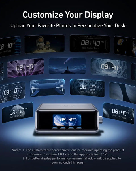 Customizable display screens on Prime 250W GaN USB C Charging Station with six ports, shown with 2.26 inch LCD.