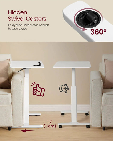 Overbed Table With Wheels Adjustable Height Standing Desk For Home Office Or Hospital Use showing swivel casters under sofa
