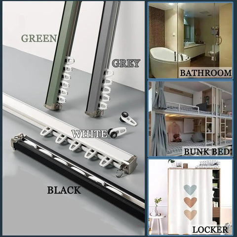 Top Notch White Curtain Track System For Wall Or Ceiling Mount Featuring Ultra Silent Nano Rollers And Smooth Gliding Runners Perfect Easy Install Home Décor Upgrade With Durable Aluminum Build And Complete End Cap Kit Included For Total Room Elegance. White aluminum curtain track with runners, shown in wall or ceiling mount use for bathroom, bunk bed, and locker