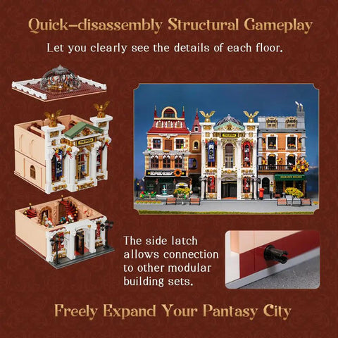Vintage European Grand Theater Building Set With Crystal Chandelier, Transparent Dome And Expandable Street Scenes model