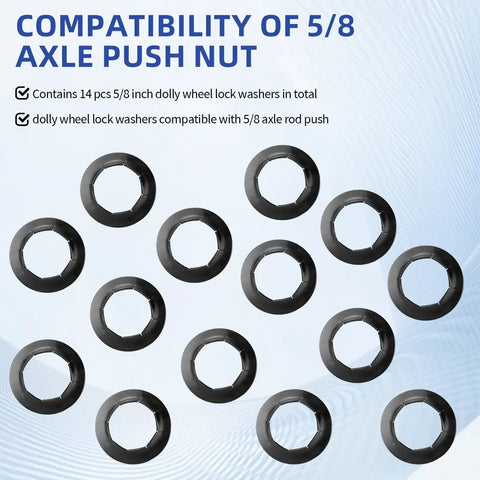 Five Eighth Inch Wheel Lock Washer Set 14 Pcs For Hand Truck Axle Rod Push Nuts displayed on blue background.