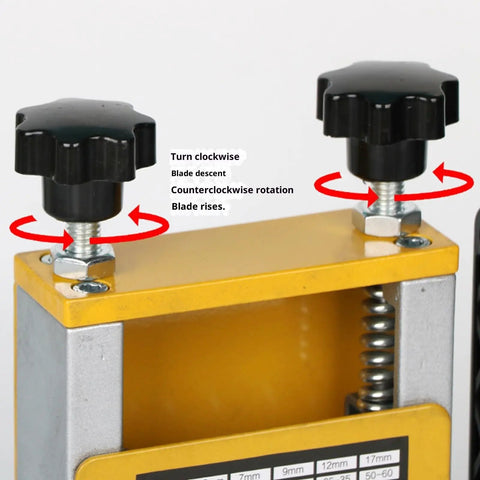 Top view of the Handy Portable Wire Stripping Tool Crafted From Durable Metal, showing adjustable knobs for blade operation.