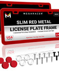 Slim Red License Plate Frames 2 Pack, Rust Free Stainless Steel, Street Legal Front And Rear Car Tag Holders With Screw Caps