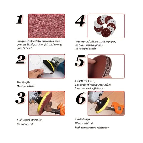 Image showing features of 50 Pcs 5 Inch 125mm Wet Dry Sanding Discs With Eight Holes for Wood Metal Polishing and Surface Smoothing Tasks.