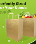 Heavy Duty Kraft Paper Grocery Bags With Handles Pack Of 100 Bulk 12 x 7 x 14 Inches shown with groceries, highlighting size.