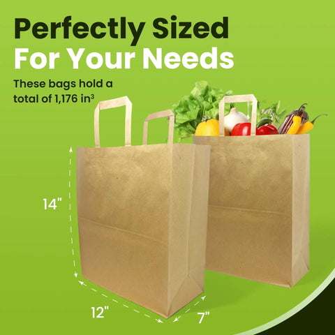 Heavy Duty Kraft Paper Grocery Bags With Handles Pack Of 100 Bulk 12 x 7 x 14 Inches shown with groceries, highlighting size.