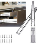 Six Pairs 20 Inch Soft Close Drawer Slides For Kitchen Cabinets And Wardrobes Built To Last Heavy Duty Side Mount Full Extension 100 Lb Ball Bearing Includes 12 Screws Per Pair Quiet Close Silver image showing drawer slides installation and screws