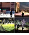 JUDYSSY 1000W Solar Flood Light Portable Led Reflector Spotlight illuminating various outdoor scenes at night in multiple angles.