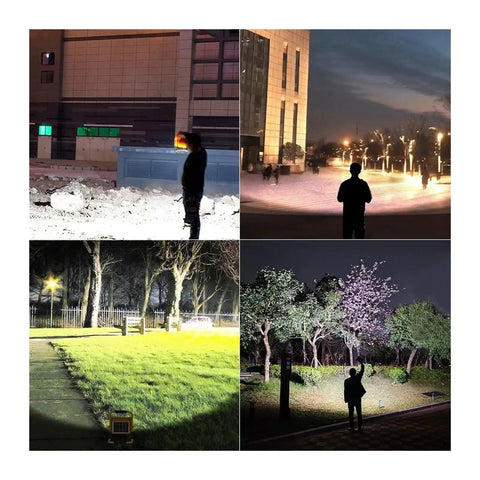 JUDYSSY 1000W Solar Flood Light Portable Led Reflector Spotlight illuminating various outdoor scenes at night in multiple angles.