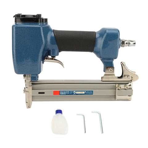 Pro Grade Pneumatic Air Brad Nailer For Precision Woodworking And Ceiling Installations tough cast alloy with side feed port and tools.