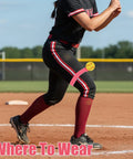 Softball Pitching Training Aid For Clean Mechanics And Realistic Throws used by athlete at pitching stance.