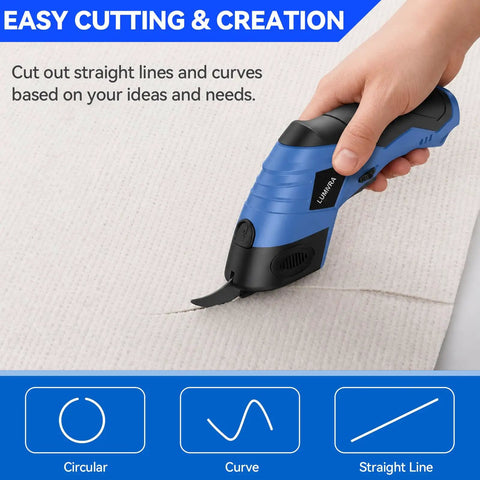 Close-up of Rechargeable Electric Scissors USB Cordless Fabric Cutter cutting fabric, showcasing precision for DIY projects.