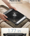 20,000mAh Portable Camping Fan With LED Lantern, ultra slim, being placed in suitcase, 8-inch rechargeable desk fan.