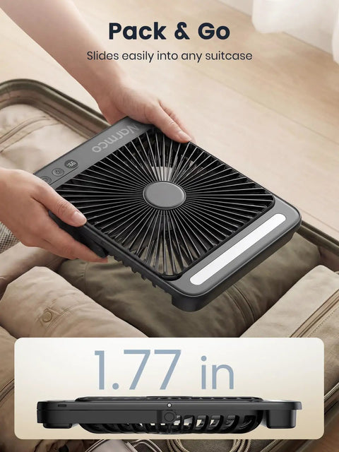 20,000mAh Portable Camping Fan With LED Lantern, ultra slim, being placed in suitcase, 8-inch rechargeable desk fan.